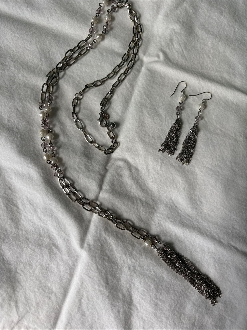 Premier Designs Silver and Pearl Long Tassel Necklace with Matching Earrings